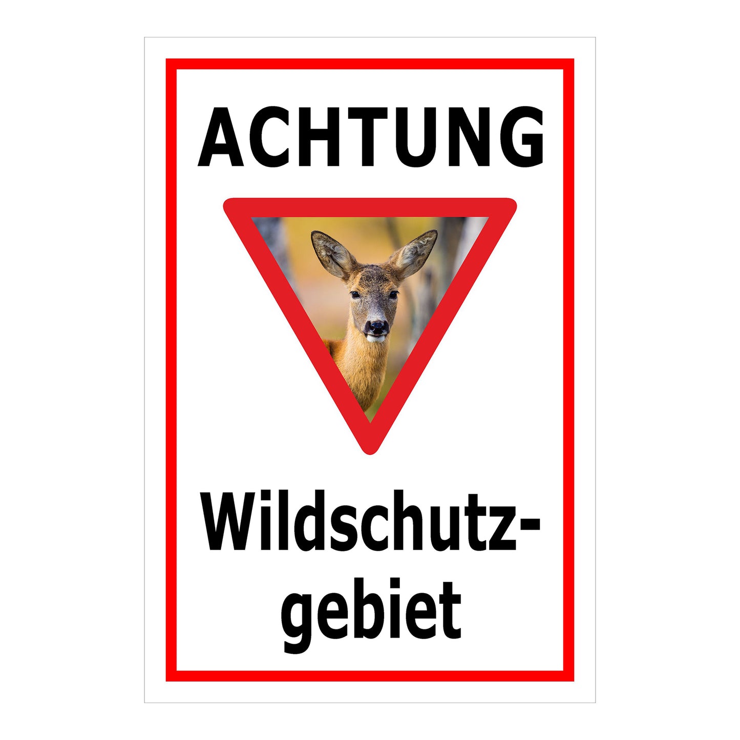Schild Achtung Wildschutzgebiet ‚ACHTUNG Wildschutz- gebiet‘ in Weiß mit rotem Rahmen und Reh Motiv