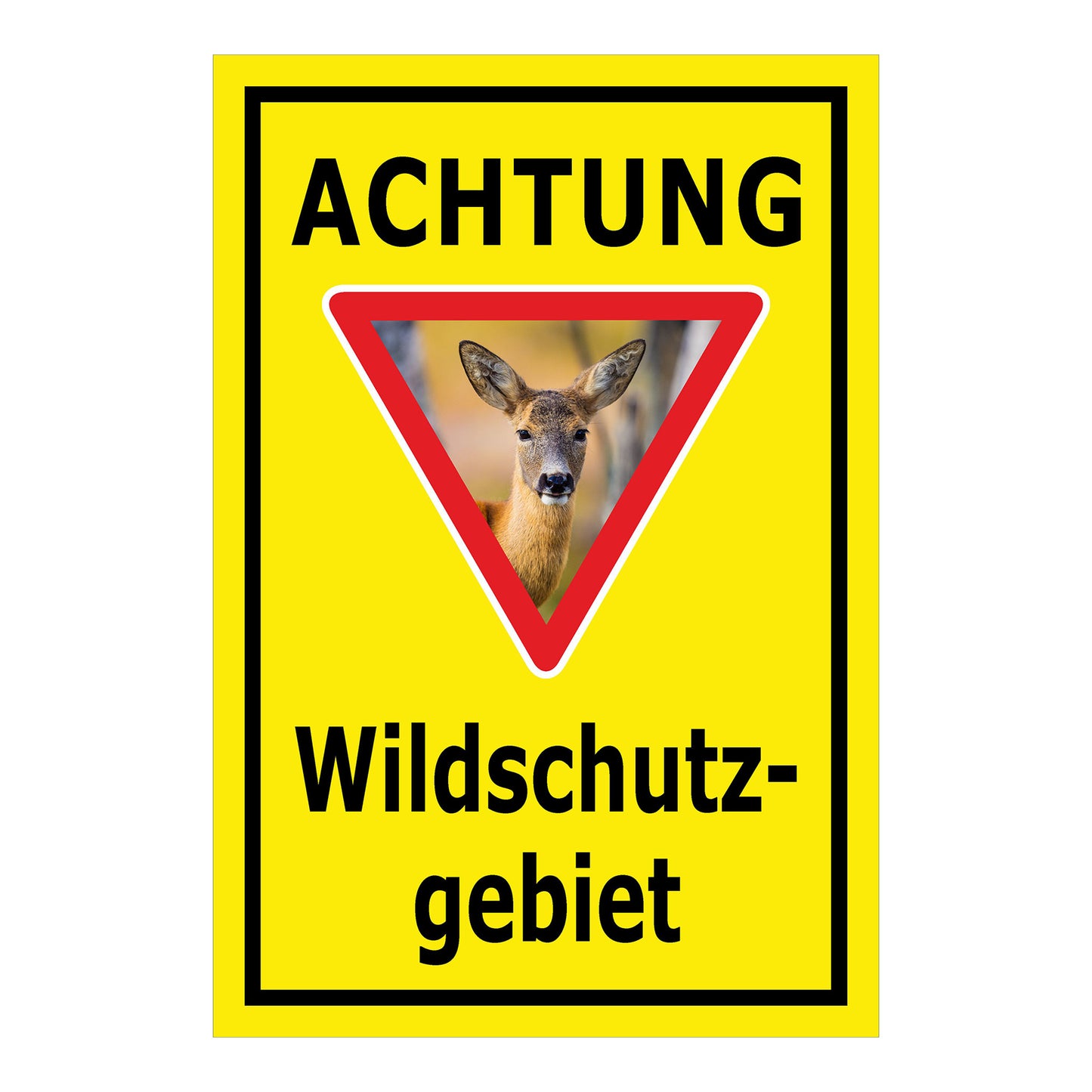 Schild Achtung Wildschutzgebiet ‚ACHTUNG Wildschutz- gebiet‘ in Gelb mit schwarzem Rahmen und Reh Motiv