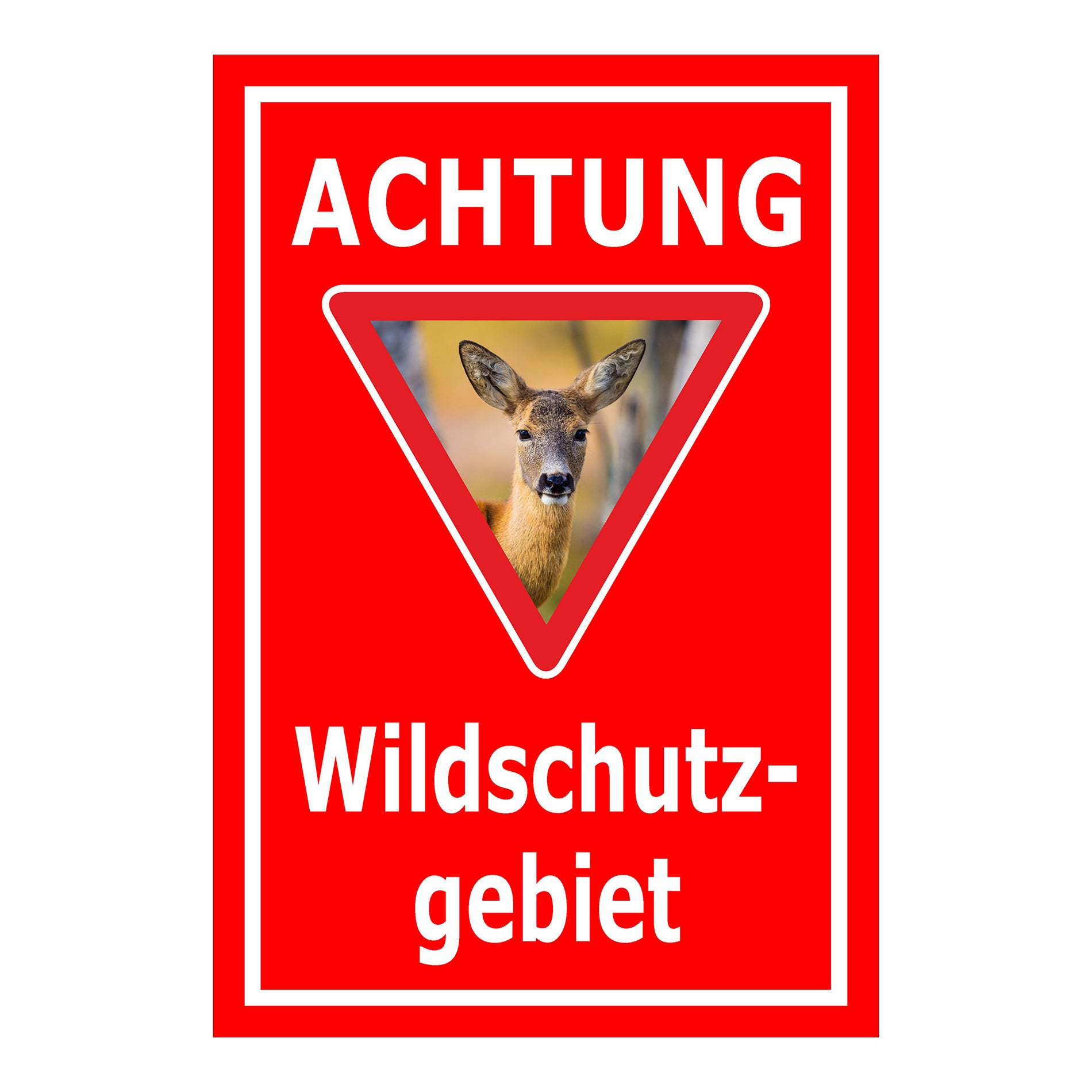 Schild Achtung Wildschutzgebiet ‚ACHTUNG Wildschutz- gebiet‘ in Rot mit weißer Schrift und Reh Motiv