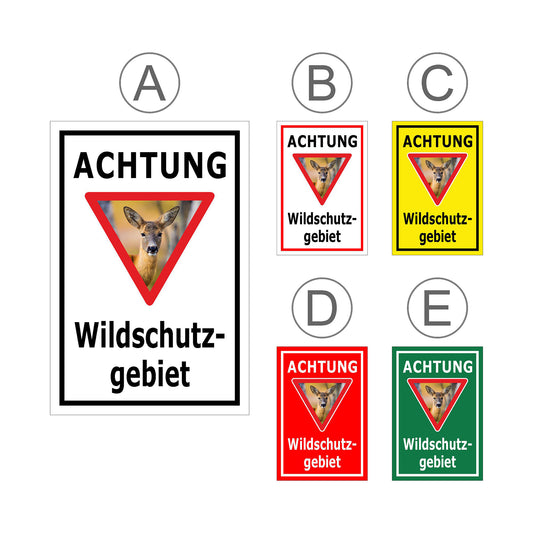 Übersichtsbild Schild Achtung Wildschutzgebiet ‚ACHTUNG Wildschutz- gebiet‘ mit allen verfügbaren Farbvarianten