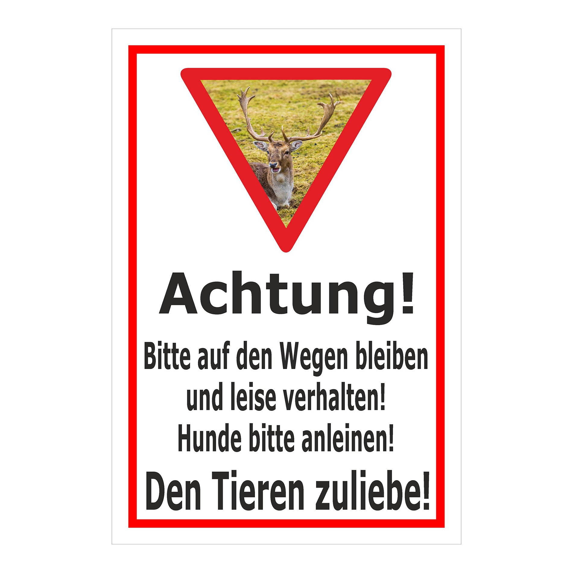 Schild Achtung Bitte auf den Wegen bleiben Hunde anleinen Den Tieren zuliebe in Weiß mit rotem Rahmen