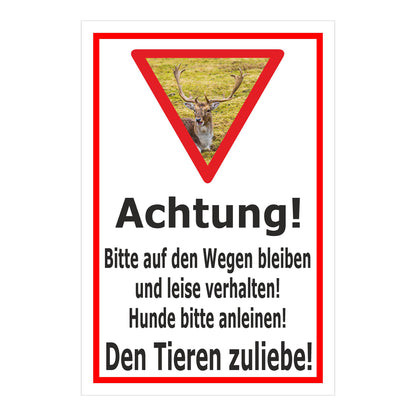 Schild Achtung Bitte auf den Wegen bleiben Hunde anleinen Den Tieren zuliebe in Weiß mit rotem Rahmen