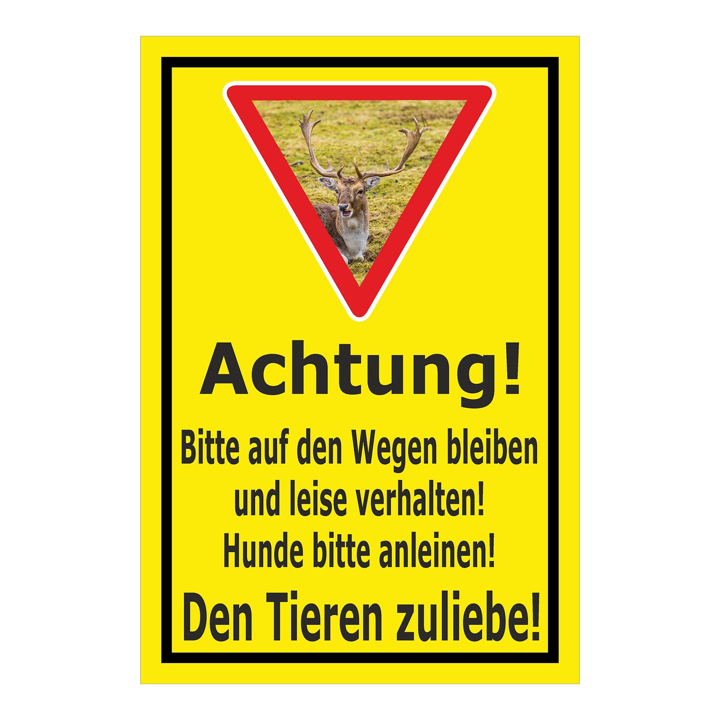 Schild Achtung Bitte auf den Wegen bleiben Hunde anleinen Den Tieren zuliebe in Gelb mit schwarzem Rahmen