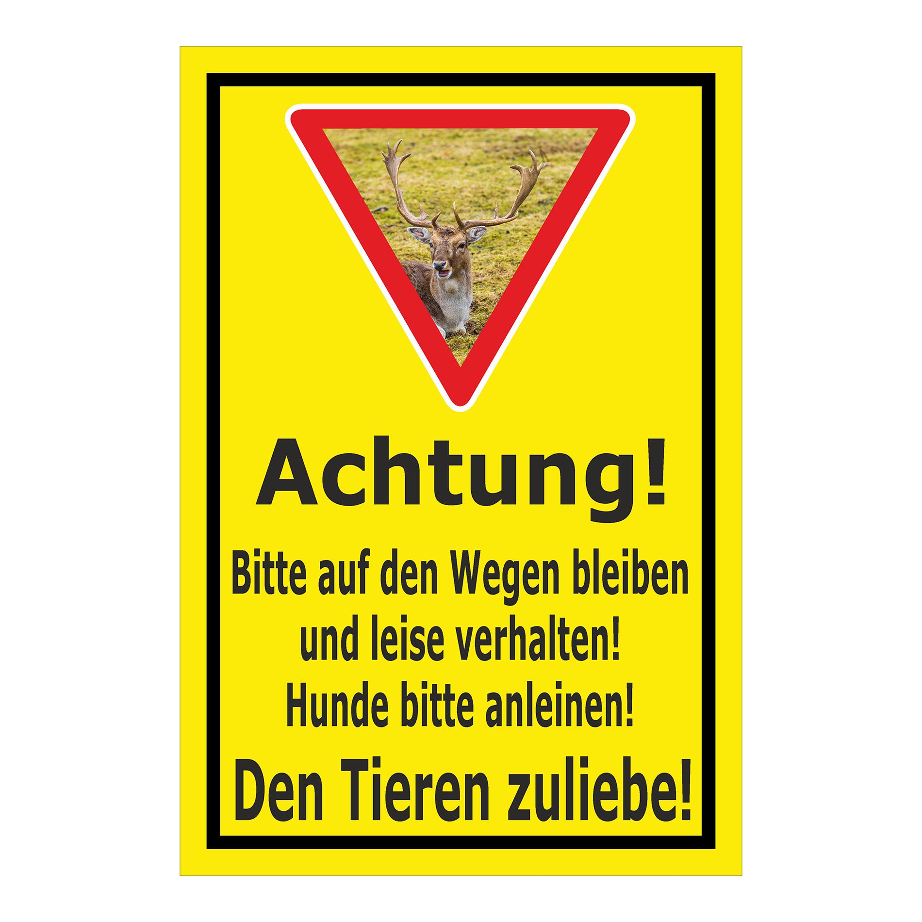 Schild Achtung Bitte auf den Wegen bleiben Hunde anleinen Den Tieren zuliebe in Gelb mit schwarzem Rahmen