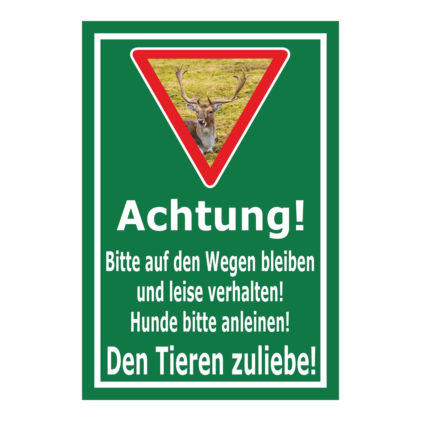 Schild Achtung Bitte auf den Wegen bleiben Hunde anleinen Den Tieren zuliebe in Grün mit weißem Rahmen