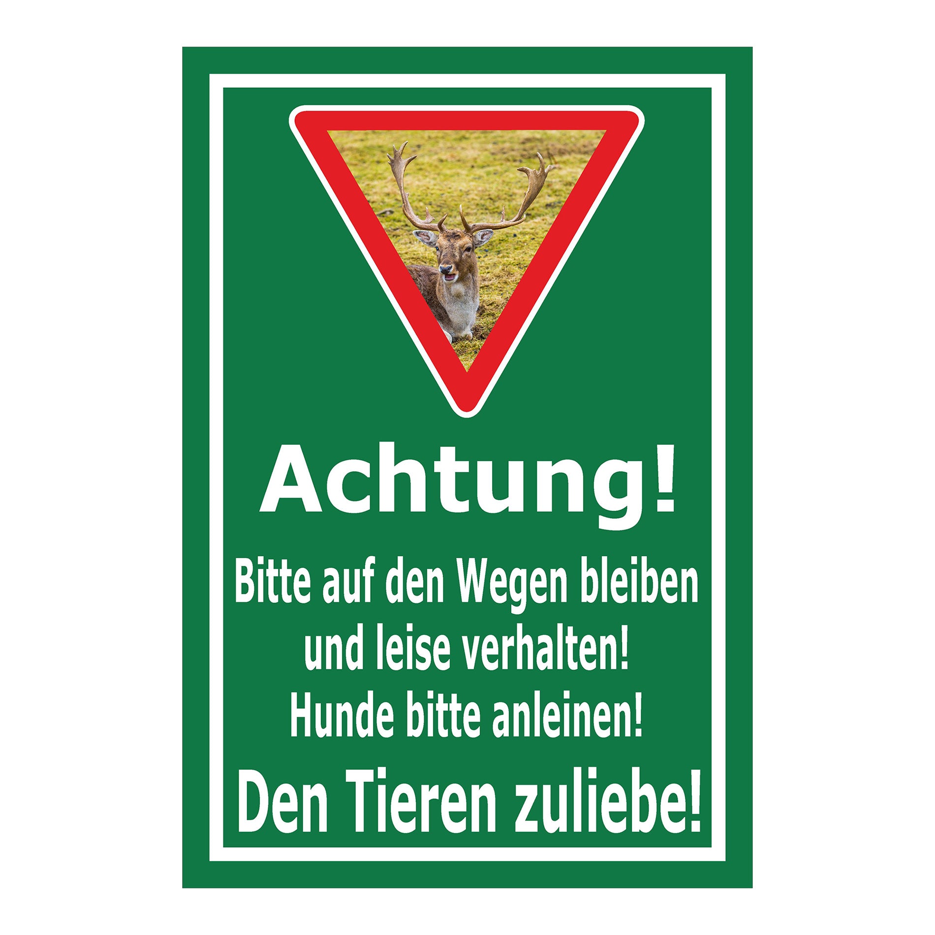 Schild Achtung Bitte auf den Wegen bleiben Hunde anleinen Den Tieren zuliebe in Grün mit weißem Rahmen