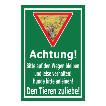 Schild Achtung Bitte auf den Wegen bleiben Hunde anleinen Den Tieren zuliebe in Grün mit weißem Rahmen