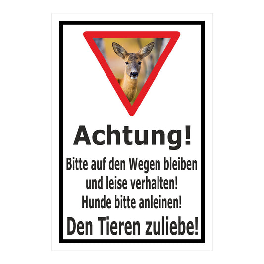 Schild Achtung Bitte auf den Wegen bleiben und Hunde anleinen in Weiß mit schwarzem Rand