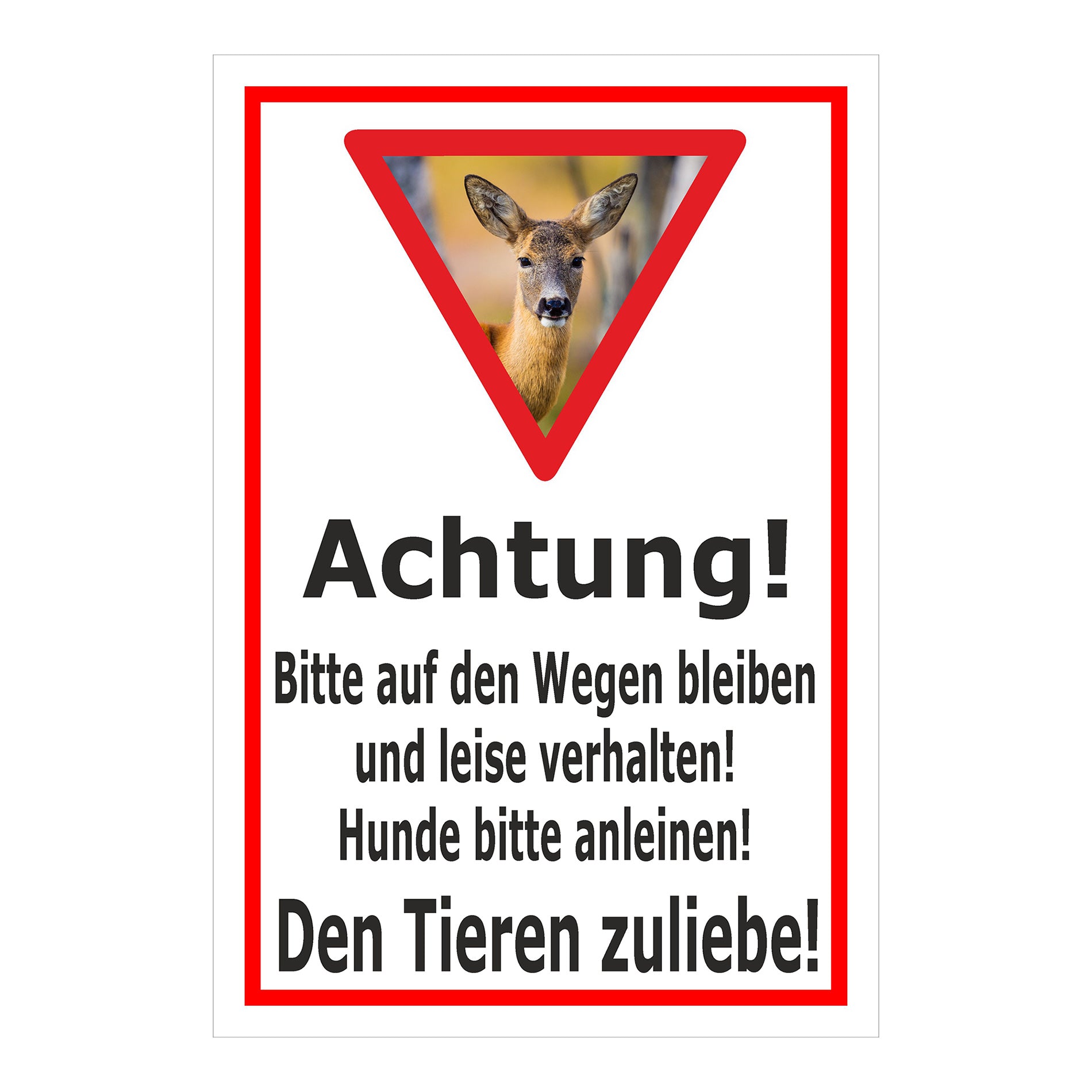 Schild Achtung Bitte auf den Wegen bleiben und Hunde anleinen in Weiß mit rotem Rahmen
