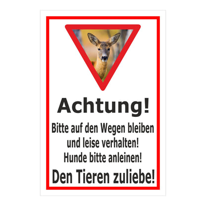 Schild Achtung Bitte auf den Wegen bleiben und Hunde anleinen in Weiß mit rotem Rahmen