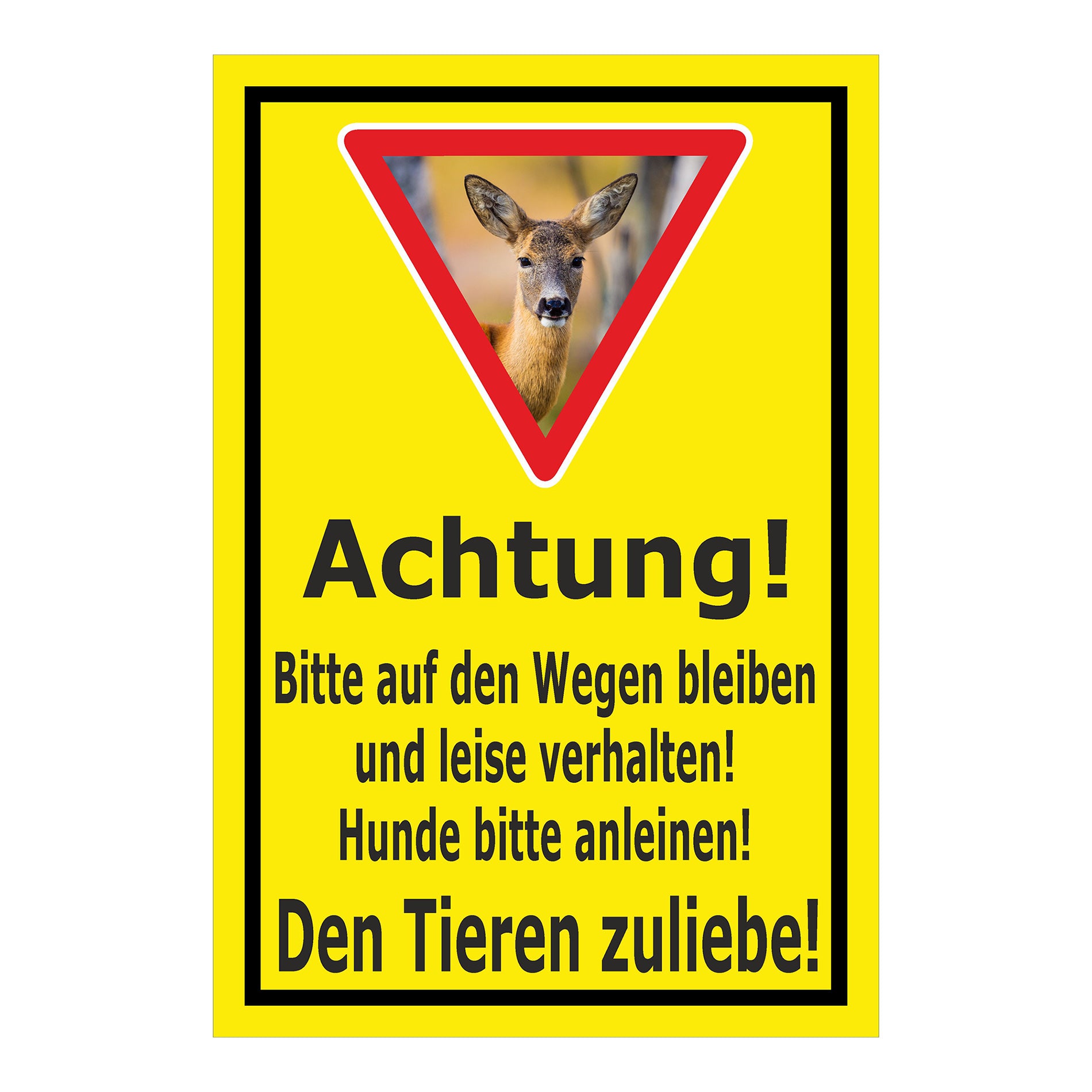 Schild Achtung Bitte auf den Wegen bleiben und Hunde anleinen in Gelb mit schwarzem Rand