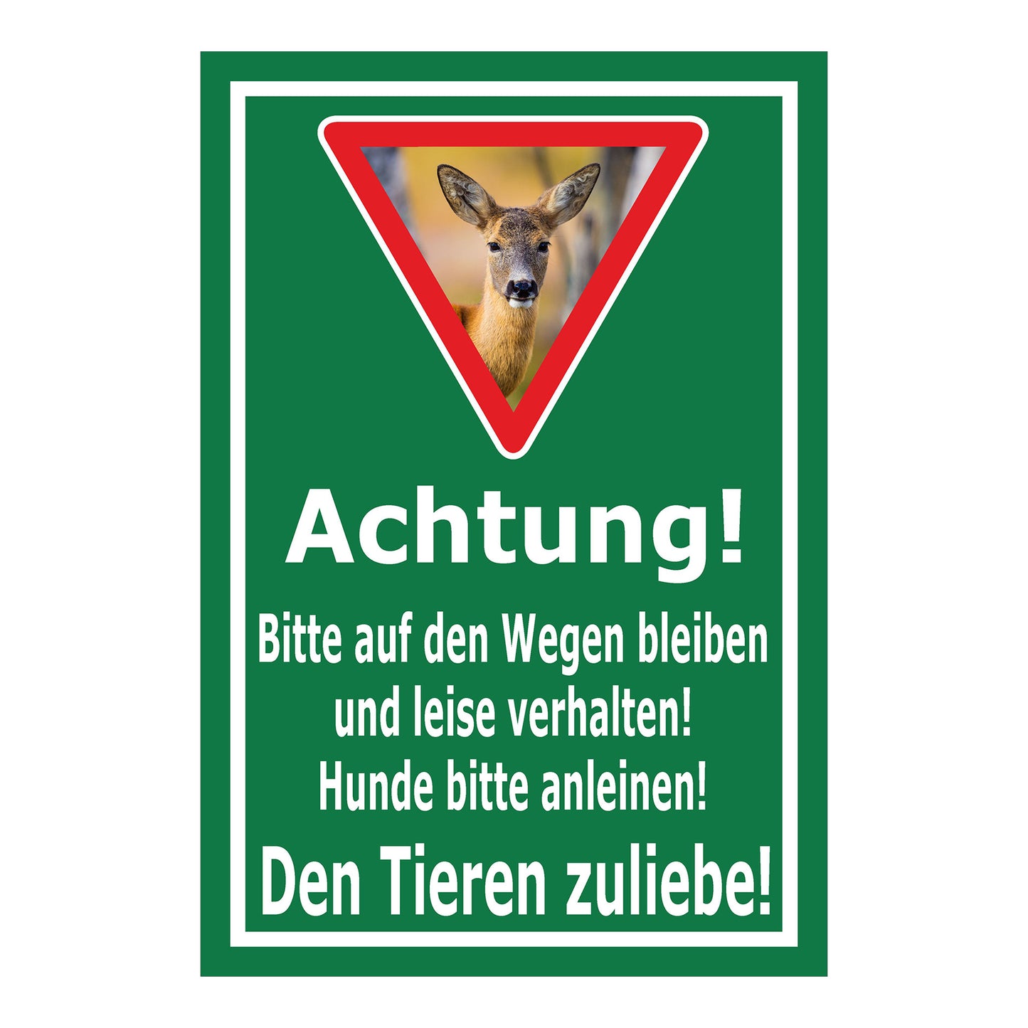 Schild Achtung Bitte auf den Wegen bleiben und Hunde anleinen in Grün mit weißer Schrift