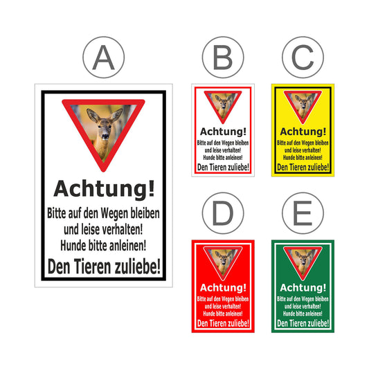 Übersichtsbild Schild Achtung Bitte auf den Wegen bleiben und Hunde anleinen mit allen verfügbaren Farbvarianten