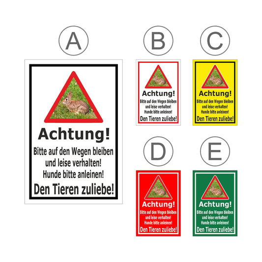 Übersichtsbild Schild Achtung Bitte auf den Wegen bleiben Hunde anleinen Wildtiere mit allen verfügbaren Farbvarianten