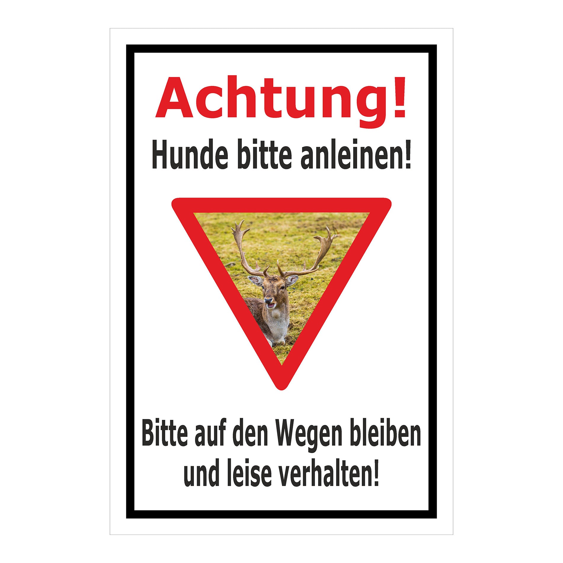 Schild Achtung Hunde bitte anleinen Wildbereich Hinweis in Weiß mit schwarzem Rand und rotem Achtung-Dreieck