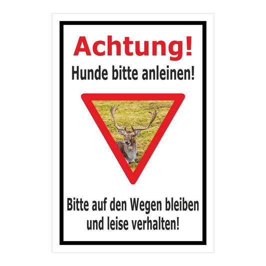 Schild Achtung Hunde bitte anleinen Wildbereich Hinweis in Weiß mit schwarzem Rand und rotem Achtung-Dreieck