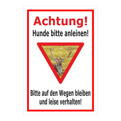 Schild Achtung Hunde bitte anleinen Wildbereich Hinweis in Weiß mit rotem Rand und Warnsymbol Hirsch