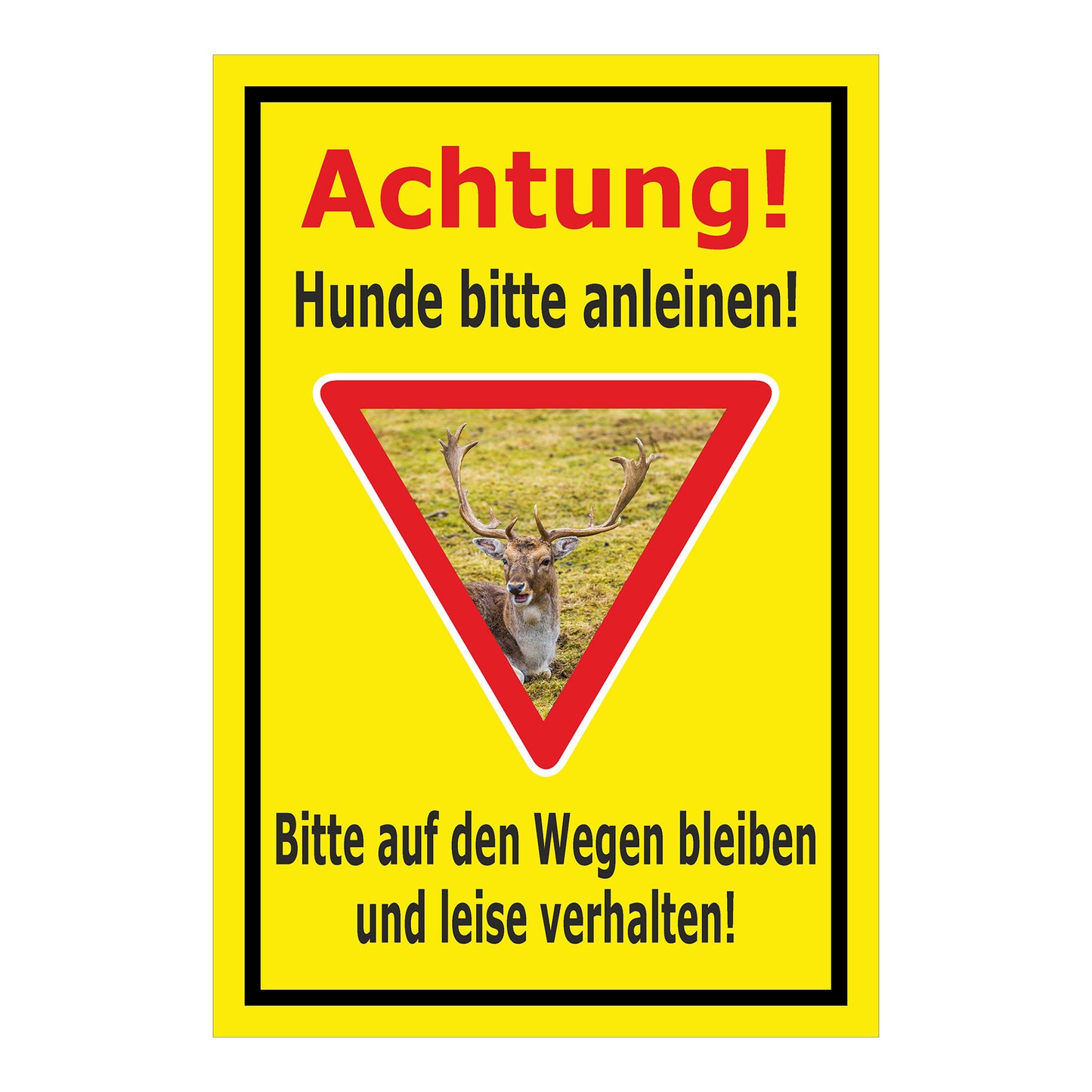 Schild Achtung Hunde bitte anleinen Wildbereich Hinweis in Gelb mit schwarzem Rand und Warnsymbol Hirsch