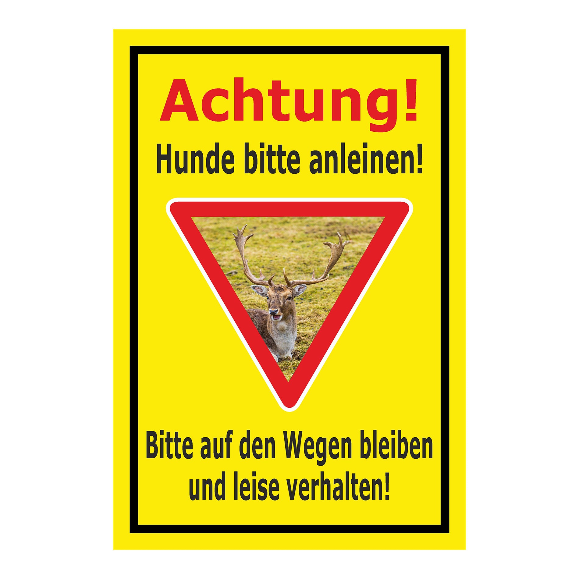 Schild Achtung Hunde bitte anleinen Wildbereich Hinweis in Gelb mit schwarzem Rand und Warnsymbol Hirsch