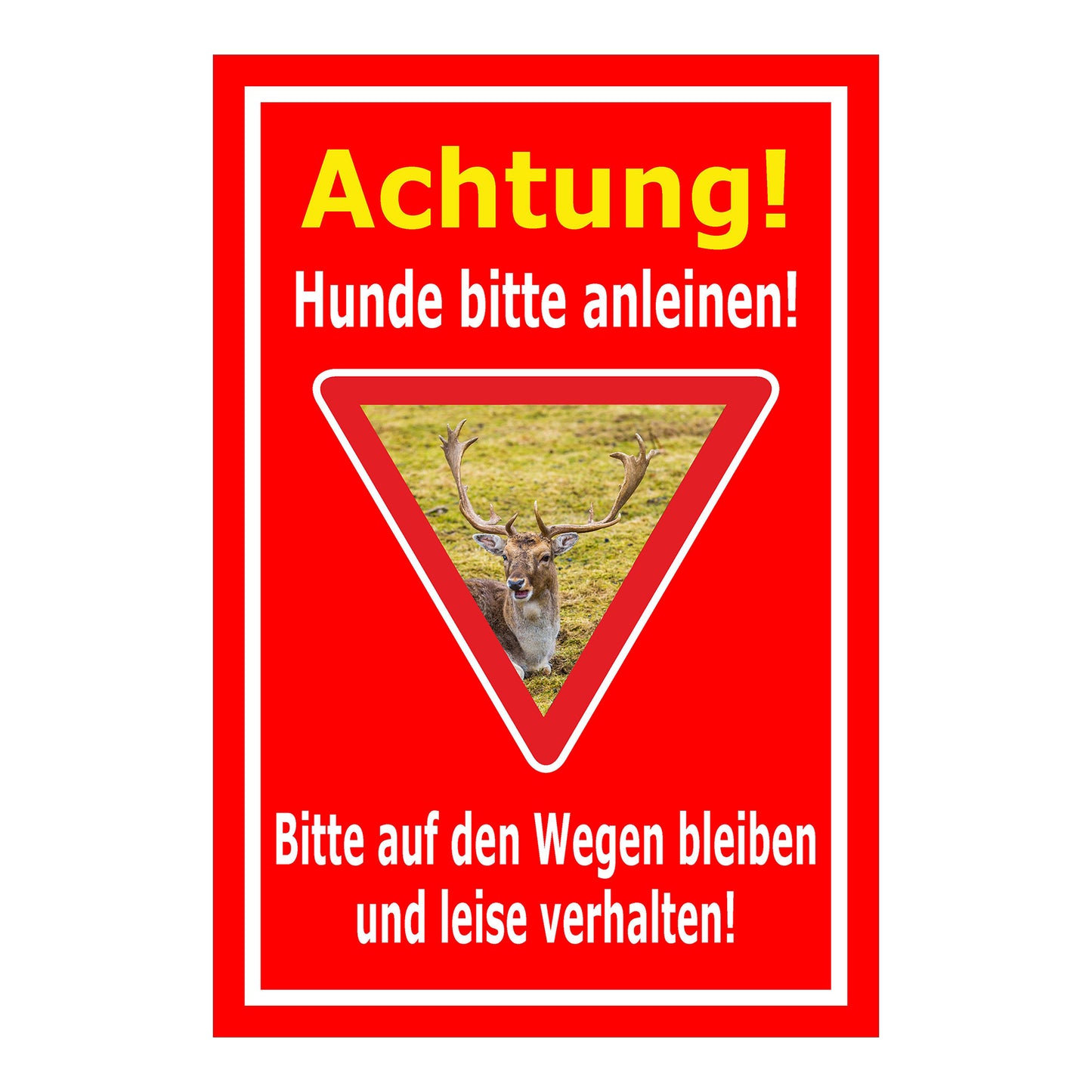Schild Achtung Hunde bitte anleinen Wildbereich Hinweis in Rot mit weißem Rand und Warnsymbol Hirsch