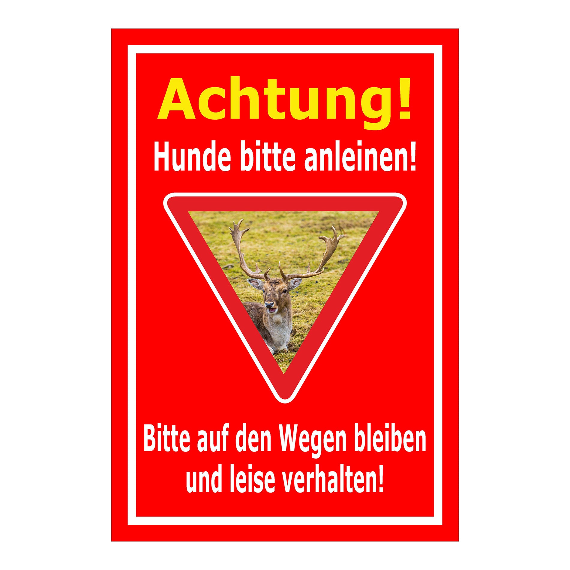 Schild Achtung Hunde bitte anleinen Wildbereich Hinweis in Rot mit weißem Rand und Warnsymbol Hirsch