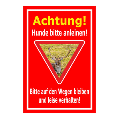 Schild Achtung Hunde bitte anleinen Wildbereich Hinweis in Rot mit weißem Rand und Warnsymbol Hirsch