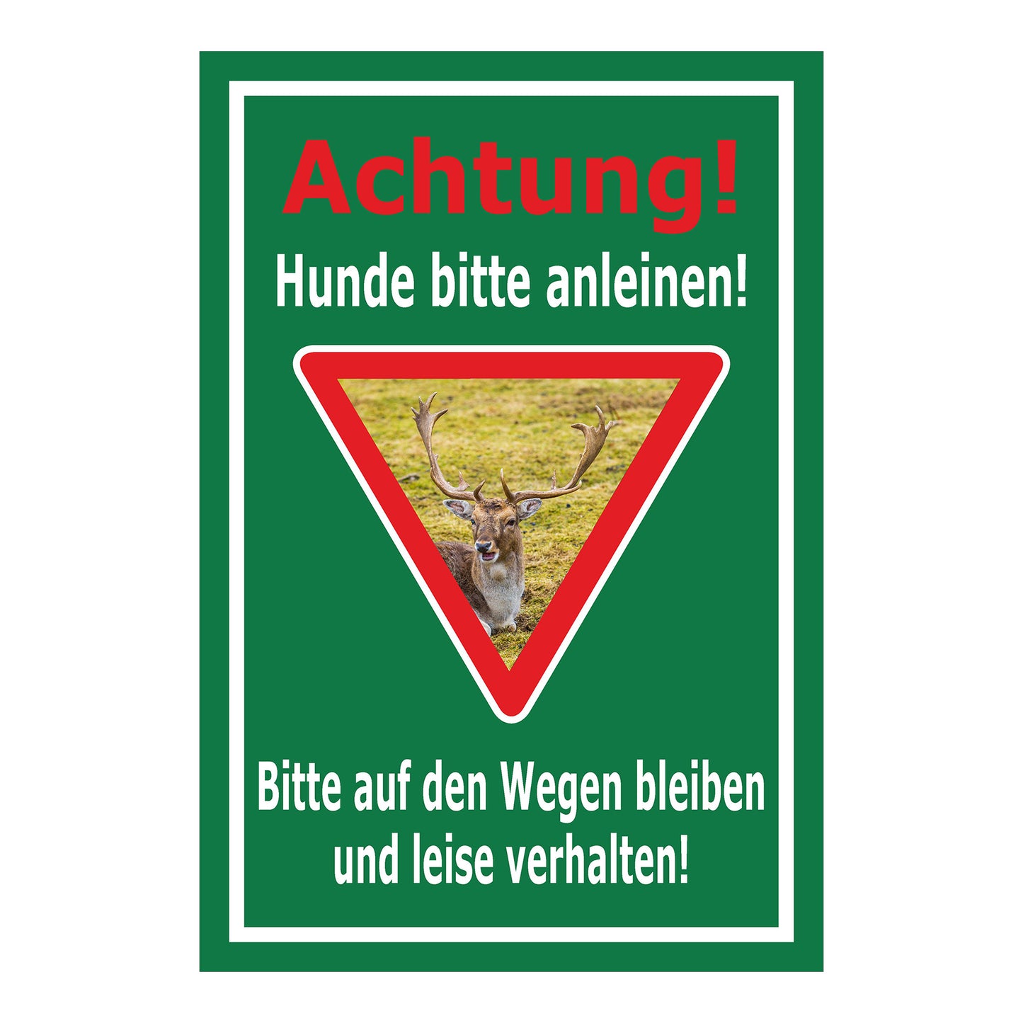 Schild Achtung Hunde bitte anleinen Wildbereich Hinweis in Grün mit weißem Rand und Warnsymbol Hirsch