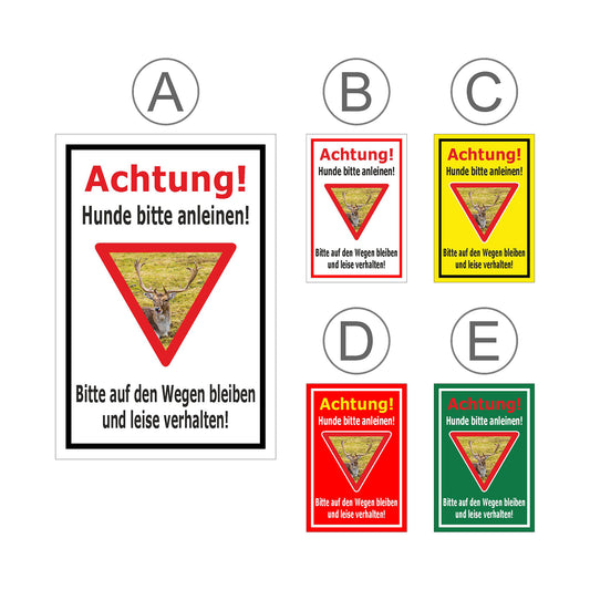 Übersichtsbild Schild Achtung Hunde bitte anleinen Wildbereich Hinweis mit allen verfügbaren Farbvarianten