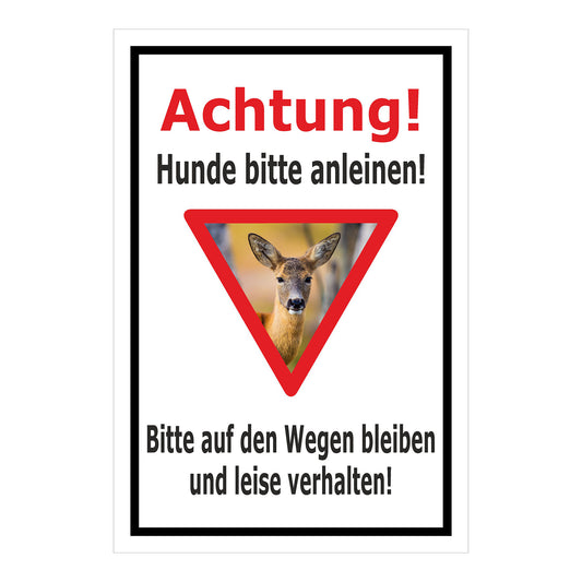Schild Achtung Hunde bitte anleinen mit Rehmotiv weißer Hintergrund schwarzer Rand