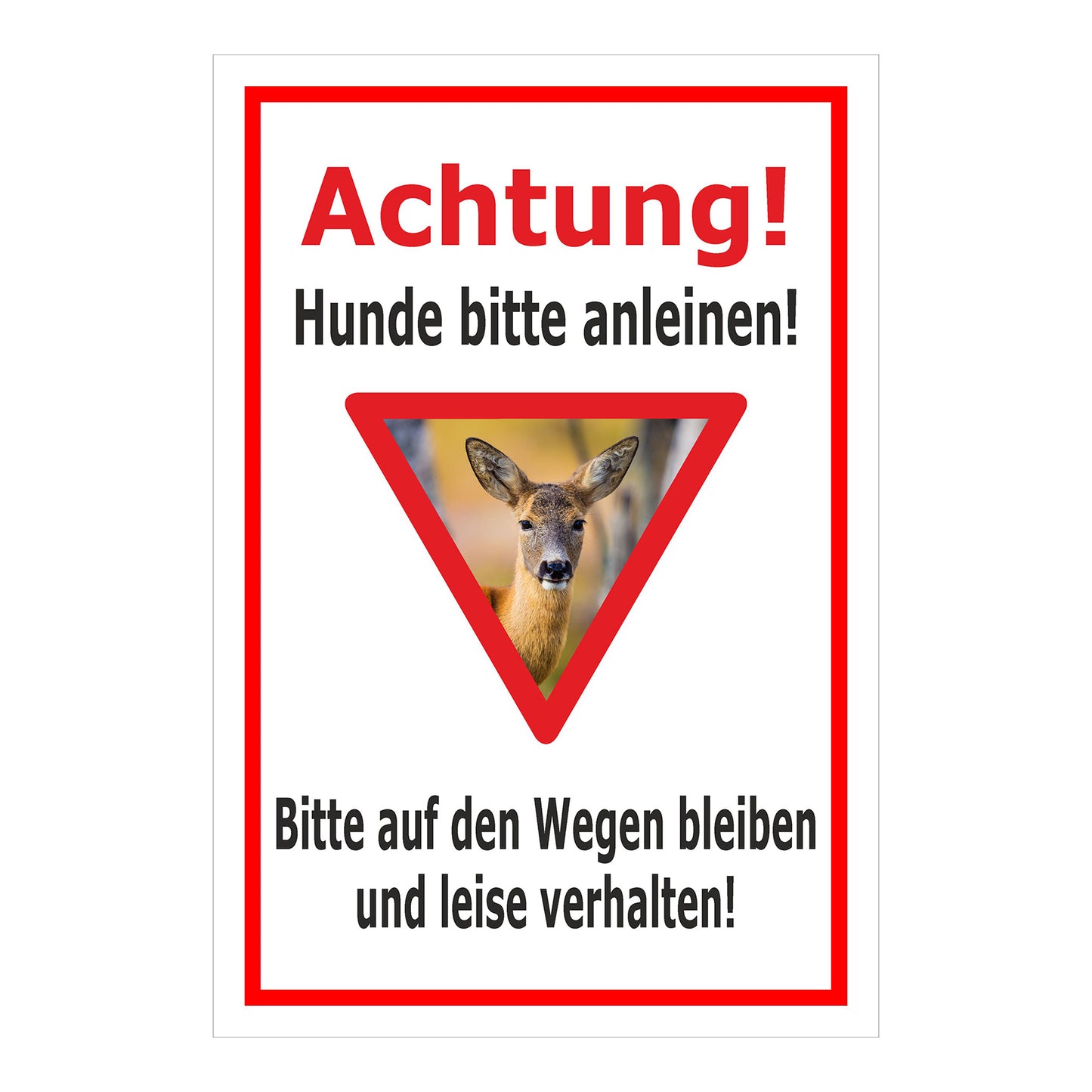 Schild Achtung Hunde bitte anleinen mit Rehmotiv weißer Hintergrund roter Rand