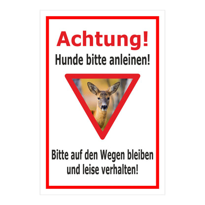 Schild Achtung Hunde bitte anleinen mit Rehmotiv weißer Hintergrund roter Rand