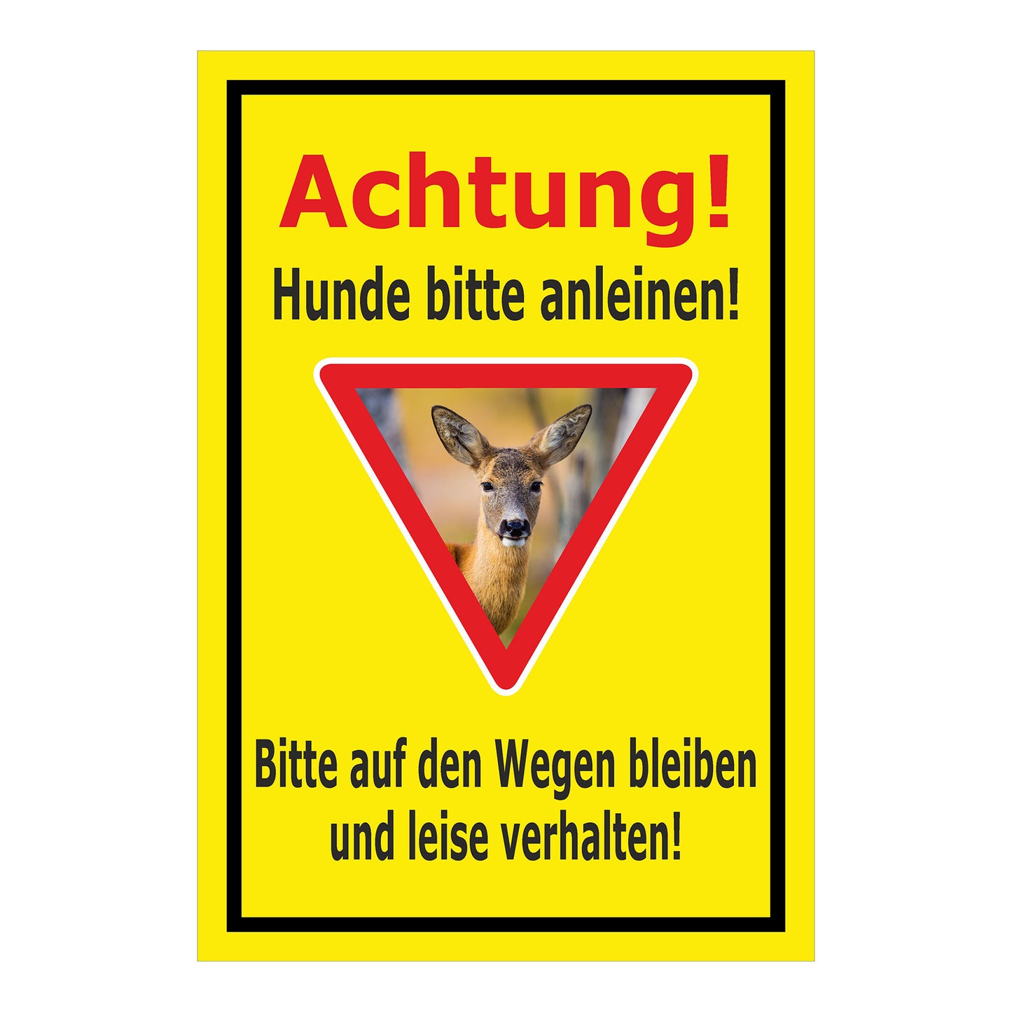 Schild Achtung Hunde bitte anleinen mit Rehmotiv gelber Hintergrund schwarzer Rand