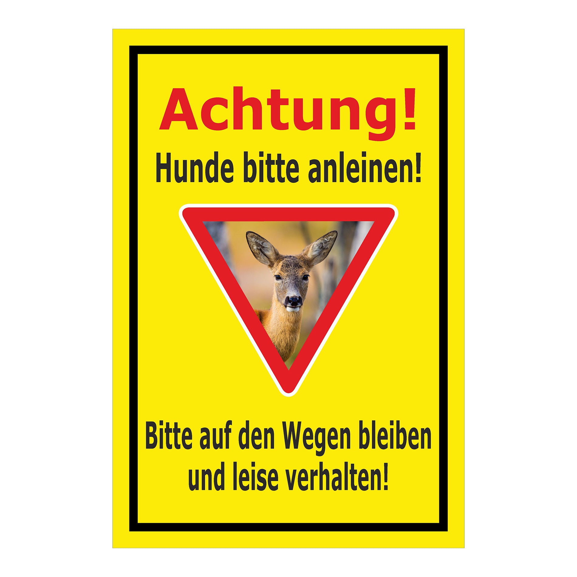 Schild Achtung Hunde bitte anleinen mit Rehmotiv gelber Hintergrund schwarzer Rand