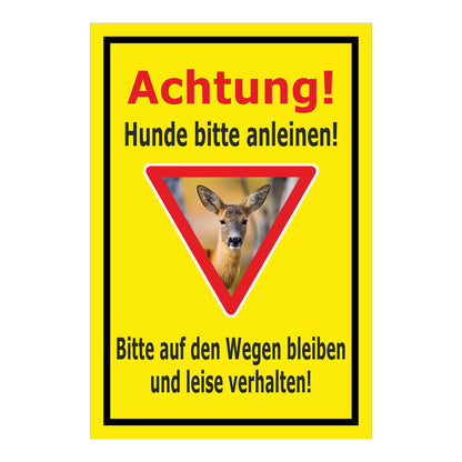 Schild Achtung Hunde bitte anleinen mit Rehmotiv gelber Hintergrund schwarzer Rand