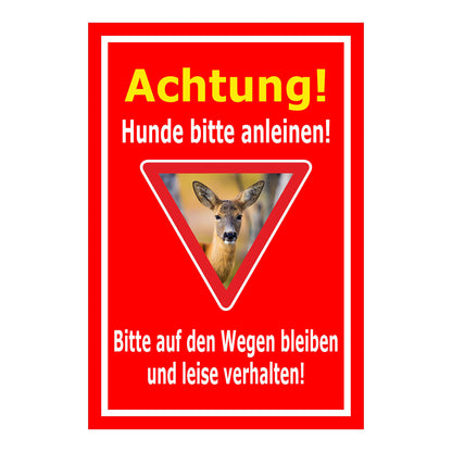 Schild Achtung Hunde bitte anleinen mit Rehmotiv roter Hintergrund weißer Rand