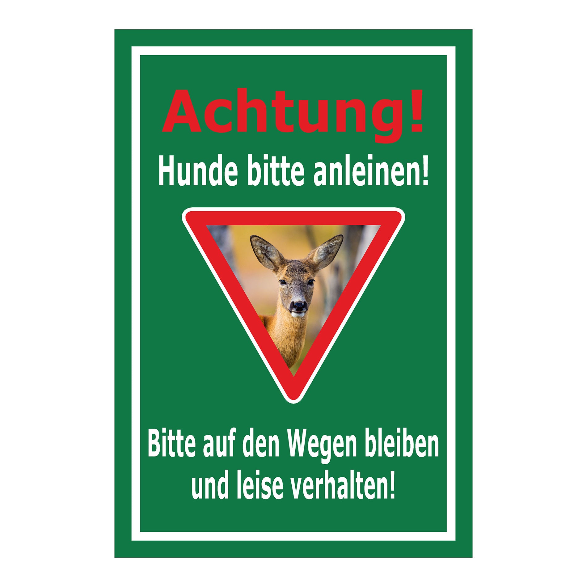 Schild Achtung Hunde bitte anleinen mit Rehmotiv grüner Hintergrund weißer Rand