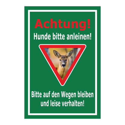 Schild Achtung Hunde bitte anleinen mit Rehmotiv grüner Hintergrund weißer Rand