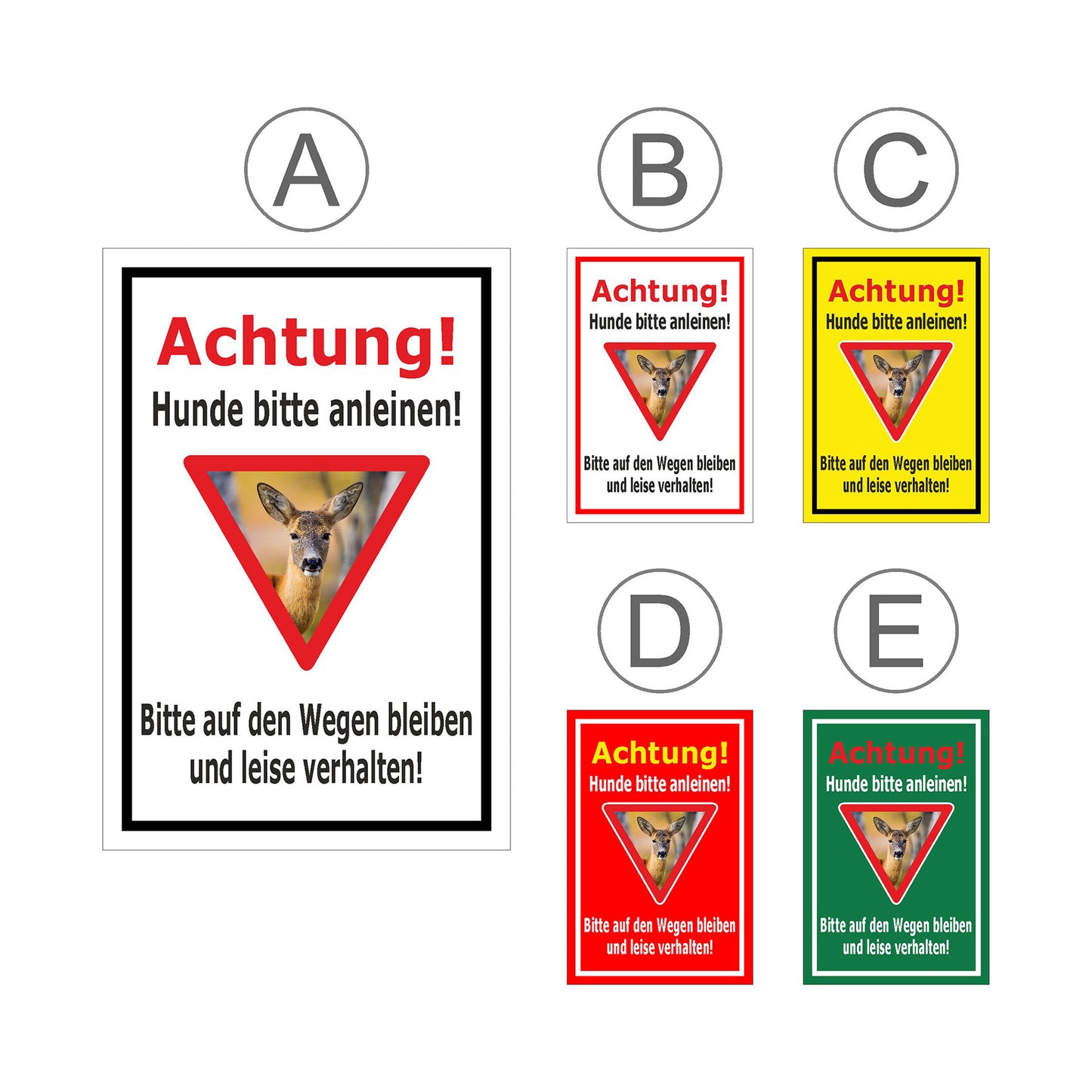 Übersichtsbild Schild „Achtung! Hunde bitte anleinen! Bitte auf den Wegen bleiben und leise verhalten!“ mit Farbvarianten
