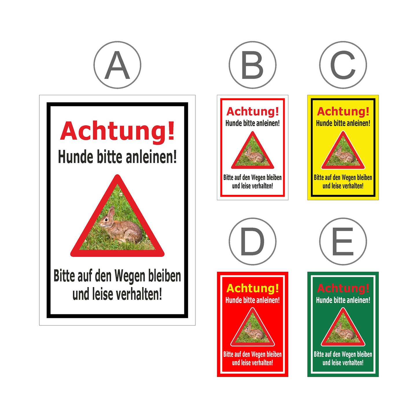 Übersichtsbild Schild Achtung Hunde bitte anleinen – Wege und Ruhe einhalten mit allen verfügbaren Farbvarianten