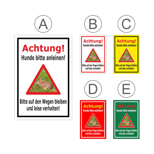 Übersichtsbild Schild Achtung Hunde bitte anleinen – Wege und Ruhe einhalten mit allen verfügbaren Farbvarianten