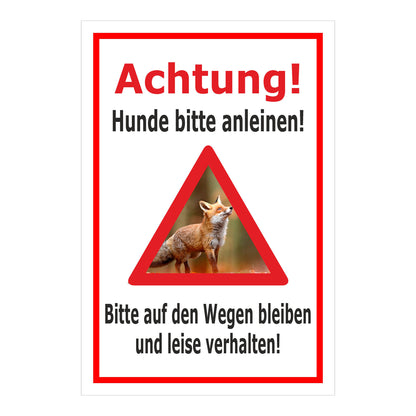 Schild Achtung Hunde bitte anleinen Wege nicht verlassen in weißem Hintergrund mit rotem Rahmen