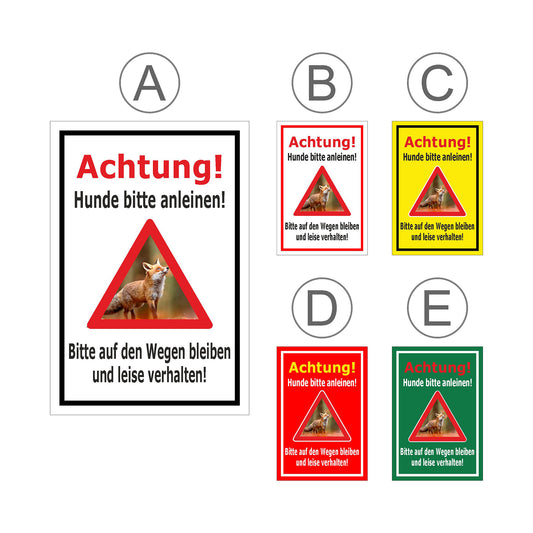 Übersichtsbild Schild Achtung Hunde bitte anleinen Wege nicht verlassen mit allen verfügbaren Farbvarianten