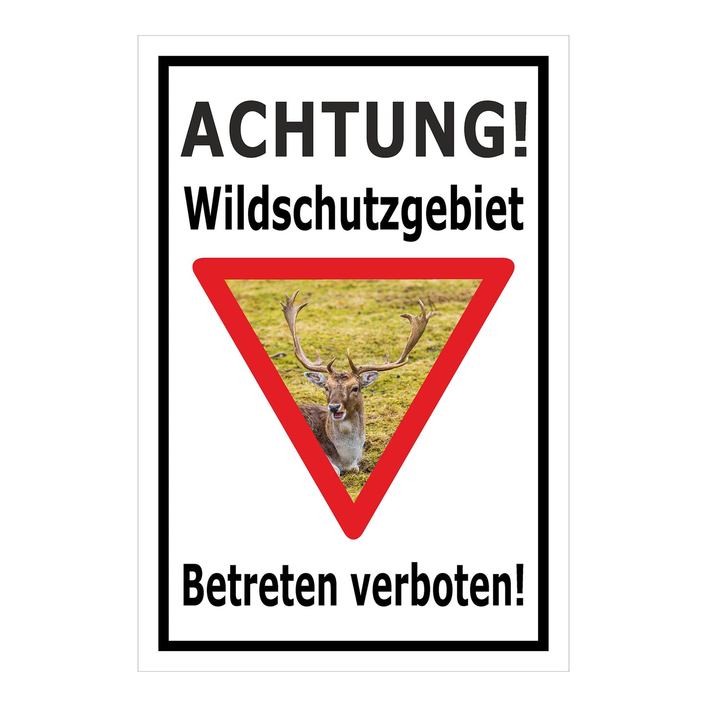 Schild Wildschutzgebiet Betreten verboten mit Hirschmotiv in weiß mit schwarzem Rand