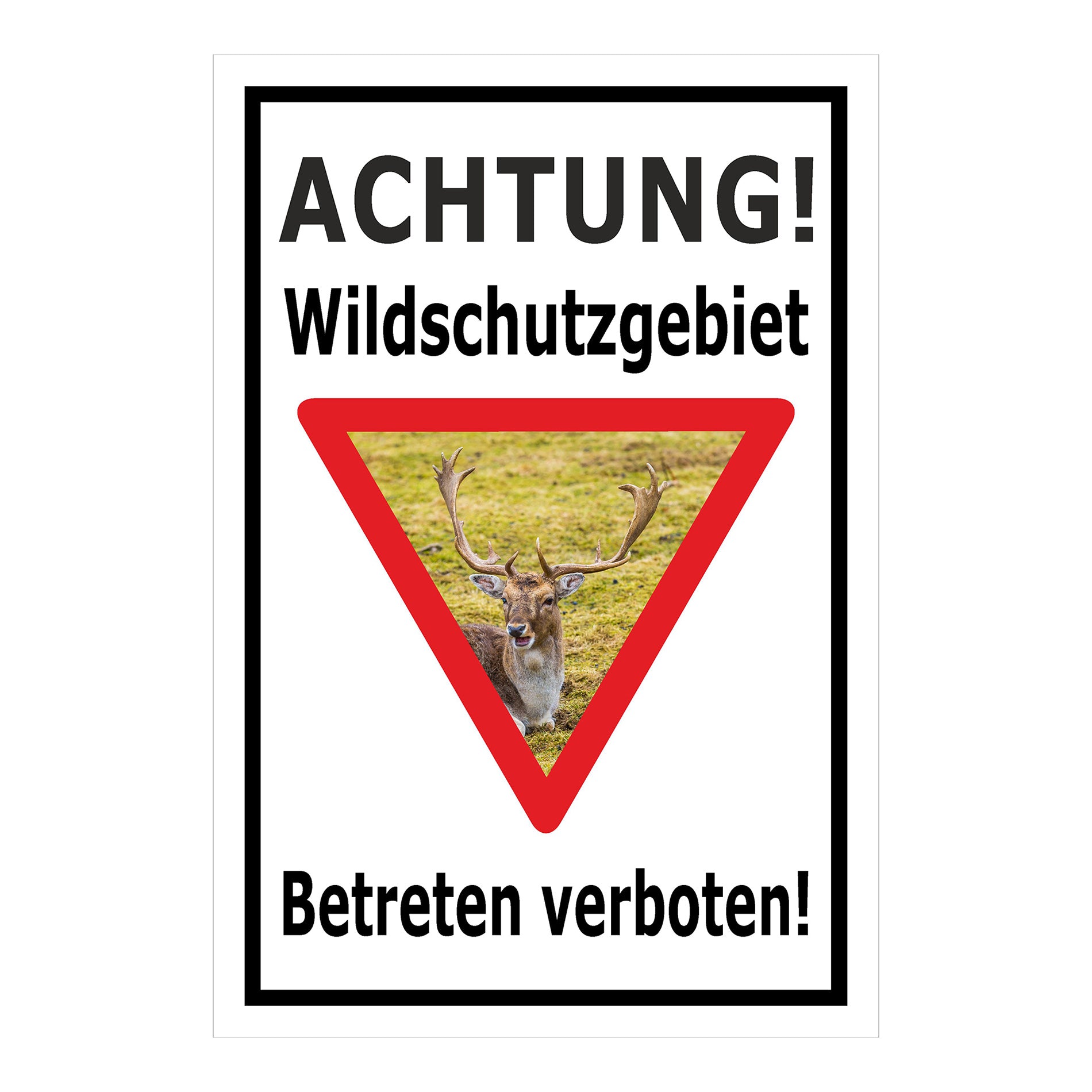 Schild Wildschutzgebiet Betreten verboten mit Hirschmotiv in weiß mit schwarzem Rand