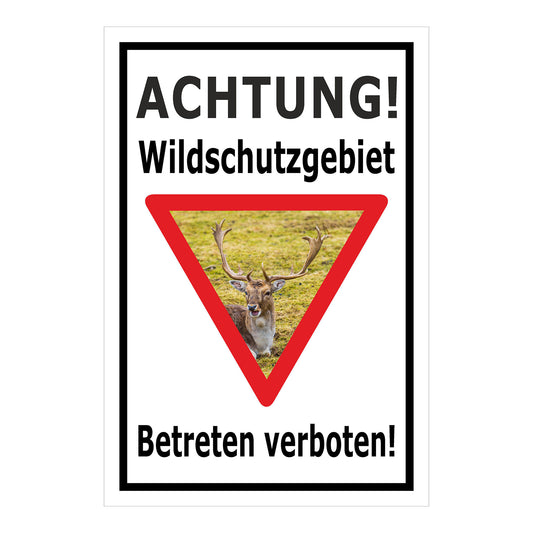 Schild Wildschutzgebiet Betreten verboten mit Hirschmotiv in weiß mit schwarzem Rand