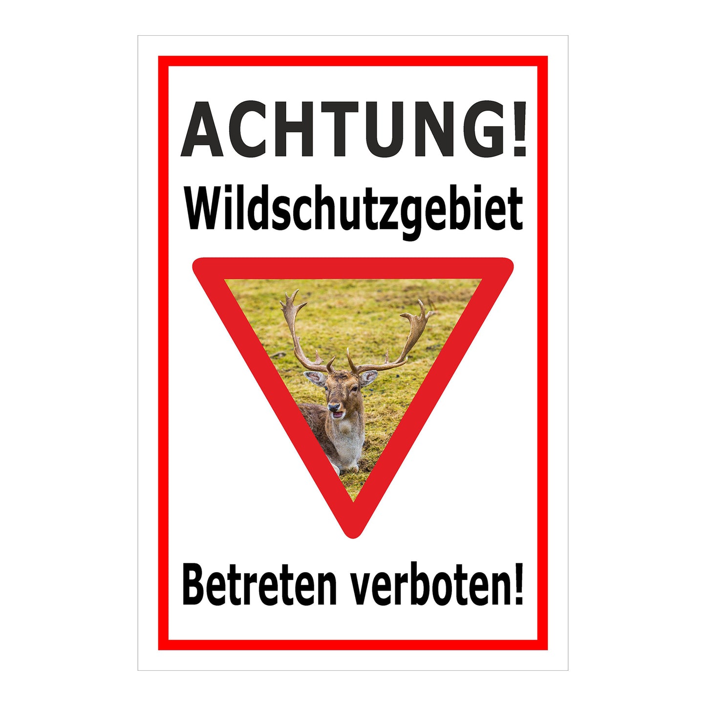 Schild Wildschutzgebiet Betreten verboten mit Hirschmotiv in weiß mit rotem Rand