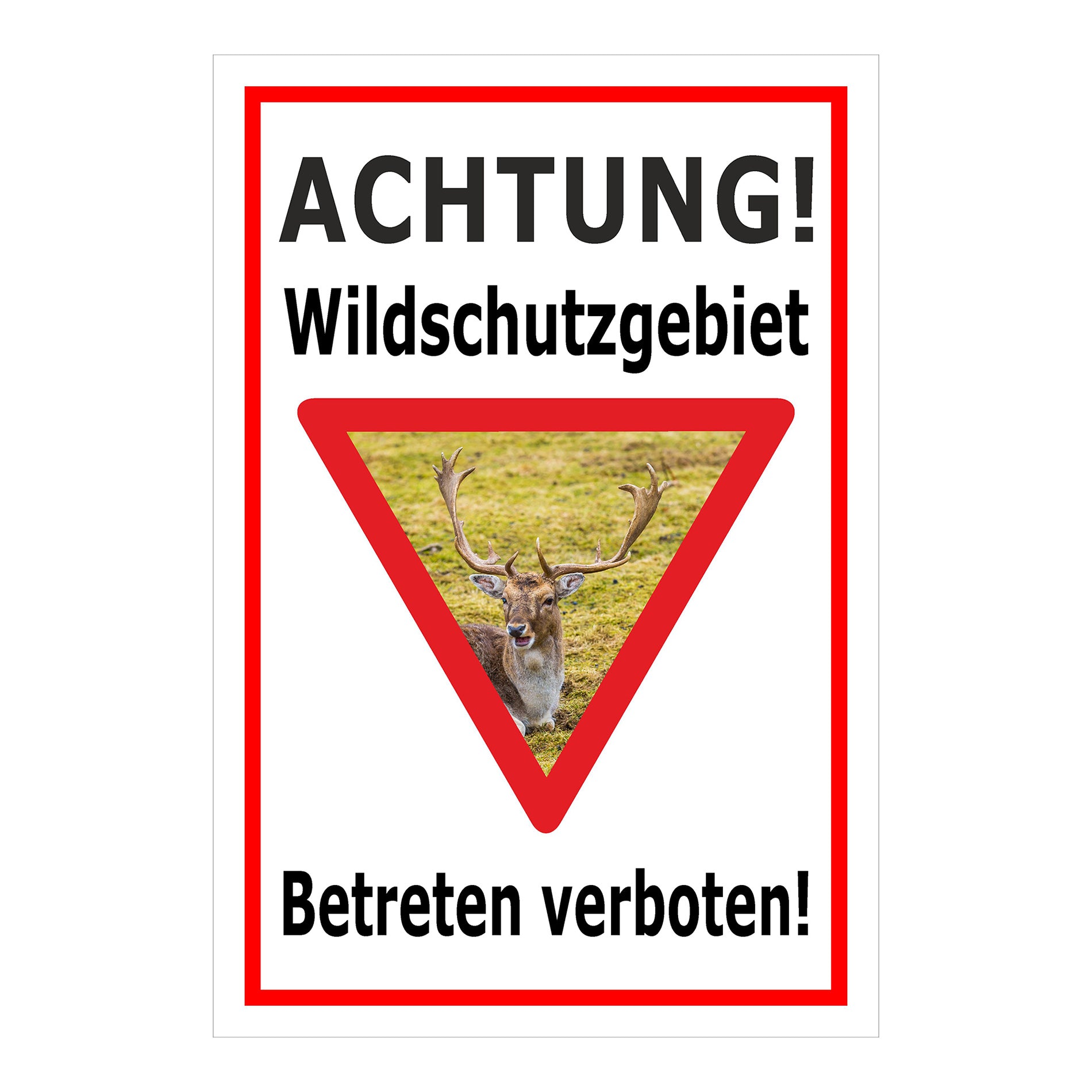 Schild Wildschutzgebiet Betreten verboten mit Hirschmotiv in weiß mit rotem Rand
