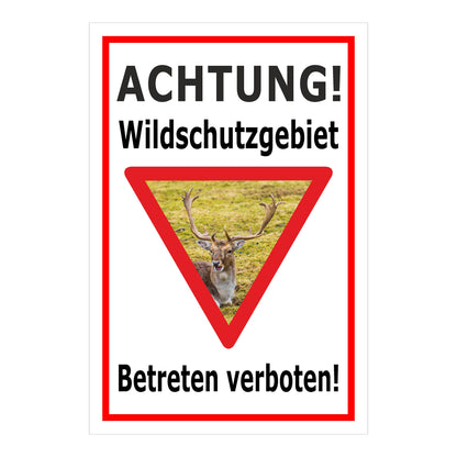 Schild Wildschutzgebiet Betreten verboten mit Hirschmotiv in weiß mit rotem Rand