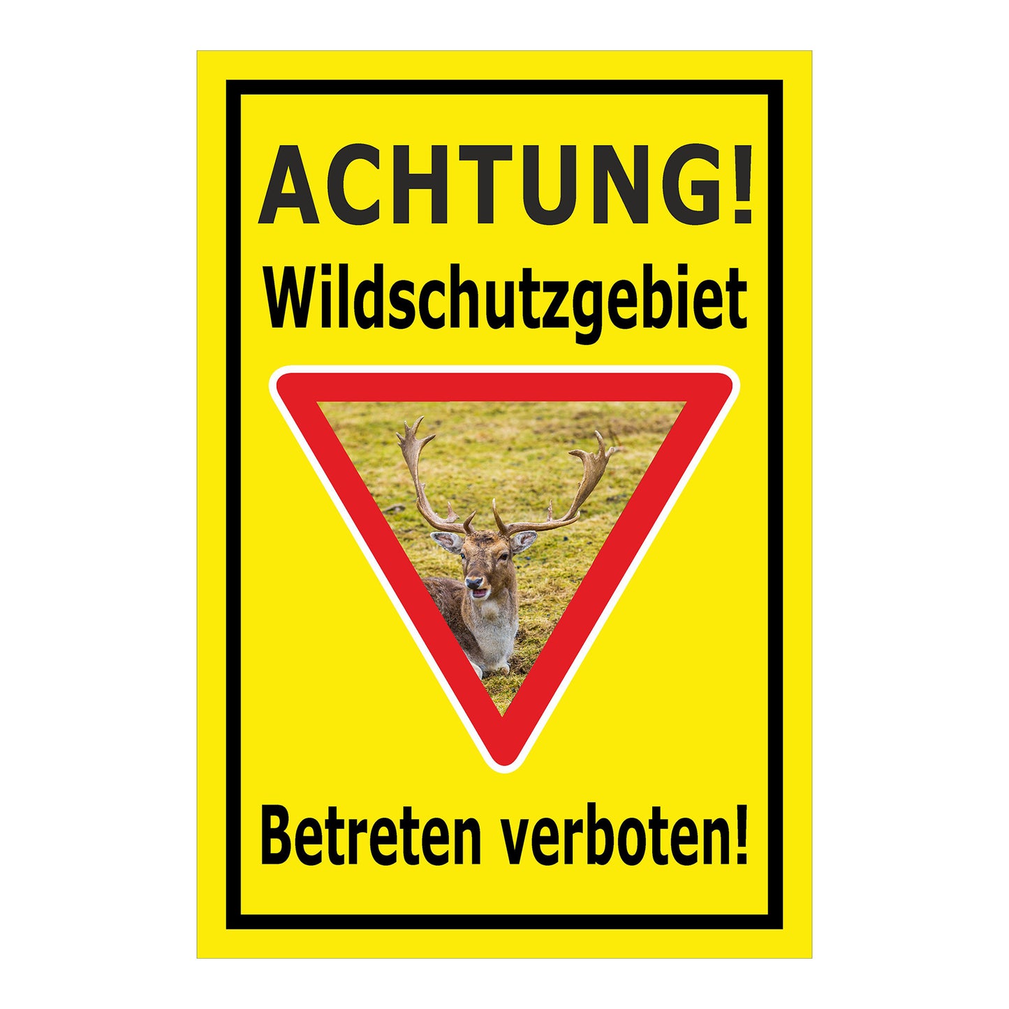 Schild Wildschutzgebiet Betreten verboten mit Hirschmotiv in gelb mit schwarzem Rand