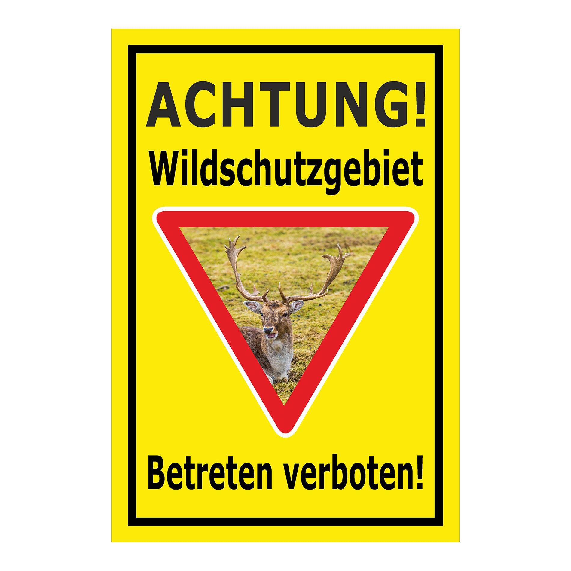 Schild Wildschutzgebiet Betreten verboten mit Hirschmotiv in gelb mit schwarzem Rand